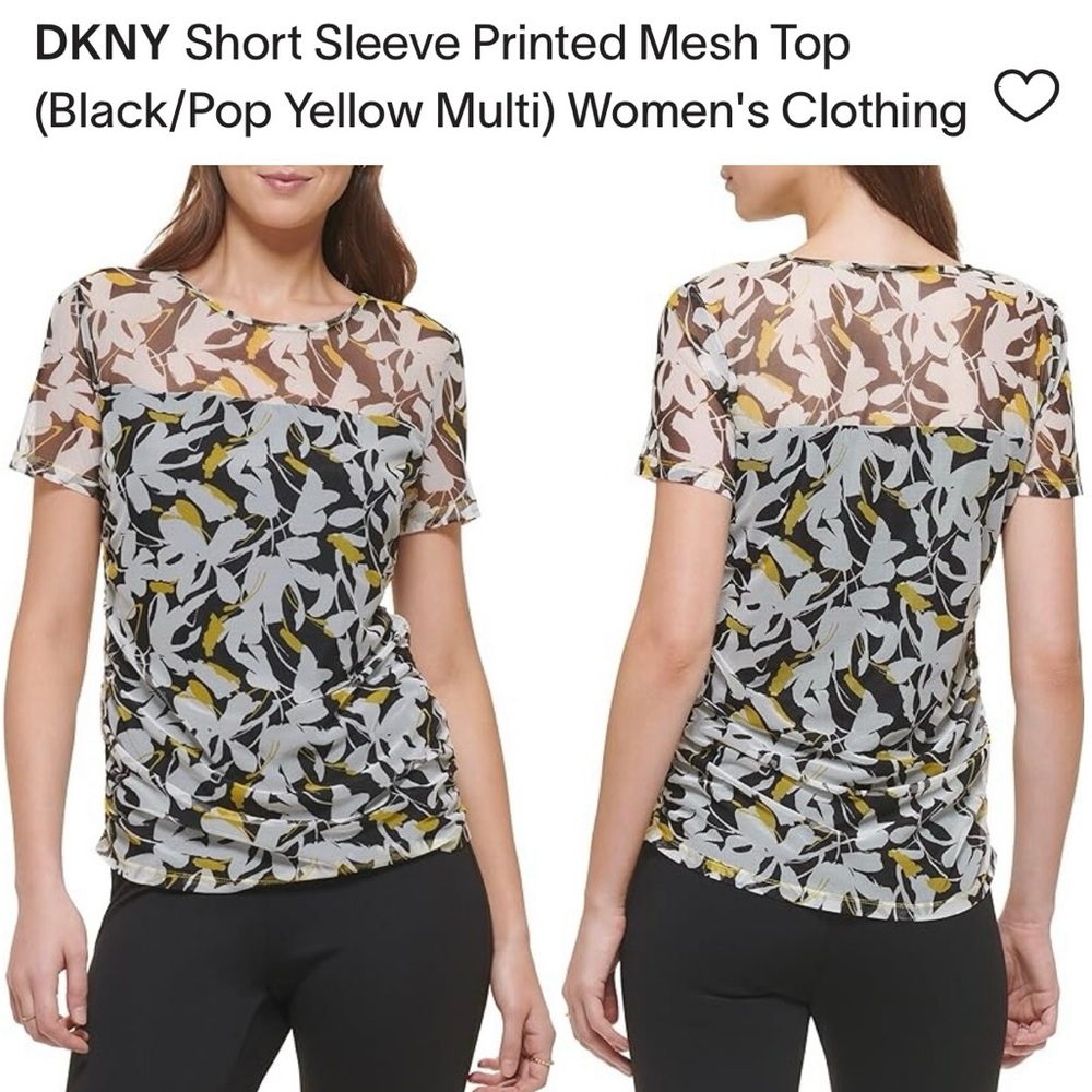 DKNY Black Sheer Floral Short Sleeve Blouse with White & Yellow Print NWT L
